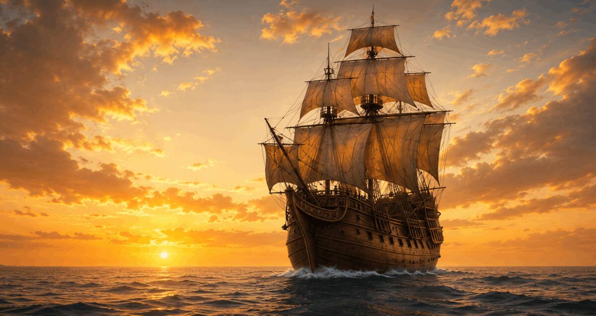Ilustración de un galeón al atardecer
