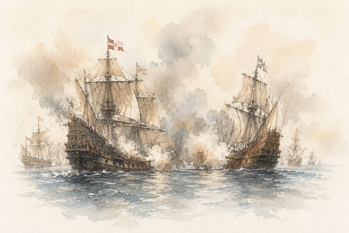 Ilustración de un combate naval entre veleros