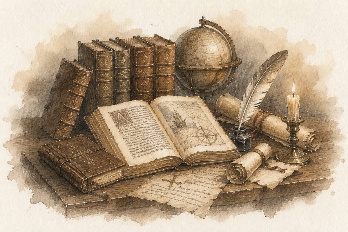 Ilustración de libros antiguos, mapas y un globo terráqueo
