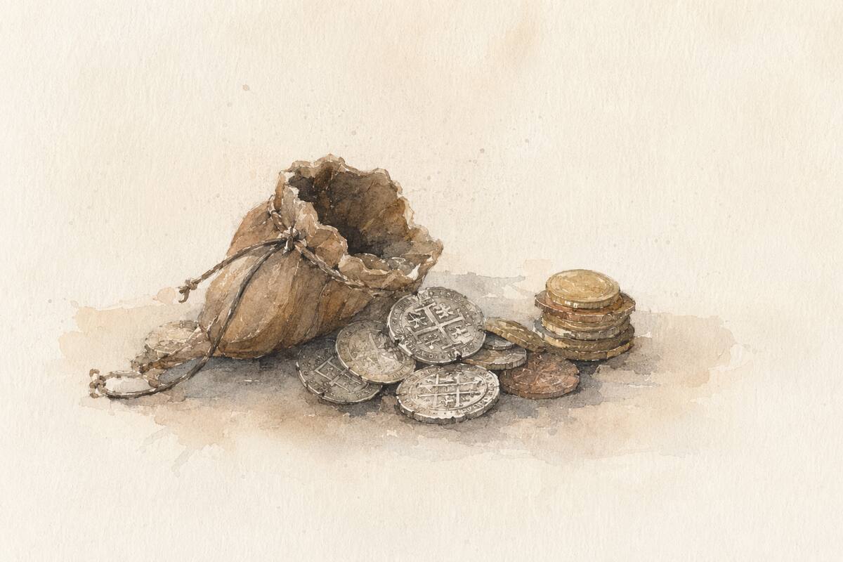 Ilustración de una bolsa de monedas de plata
