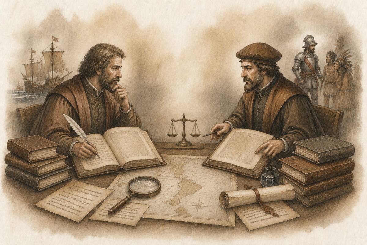 Ilustración de dos estudiosos comparando libros y documentos