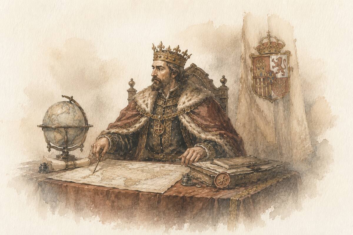 Ilustración de un rey con un globo terráqueo y mapas