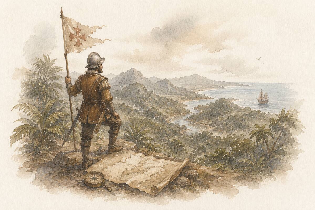 Ilustración de un soldado español con estandarte frente a una costa tropical
