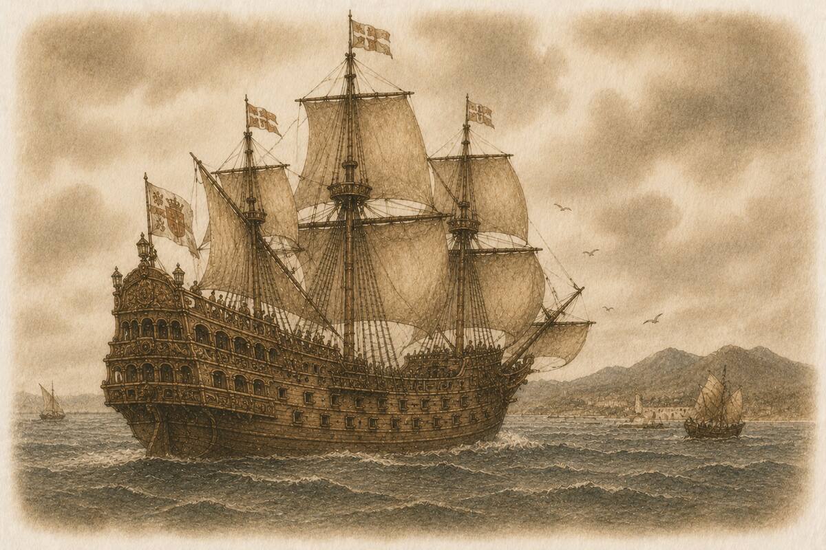 Ilustración de un galeón español navegando frente a la costa