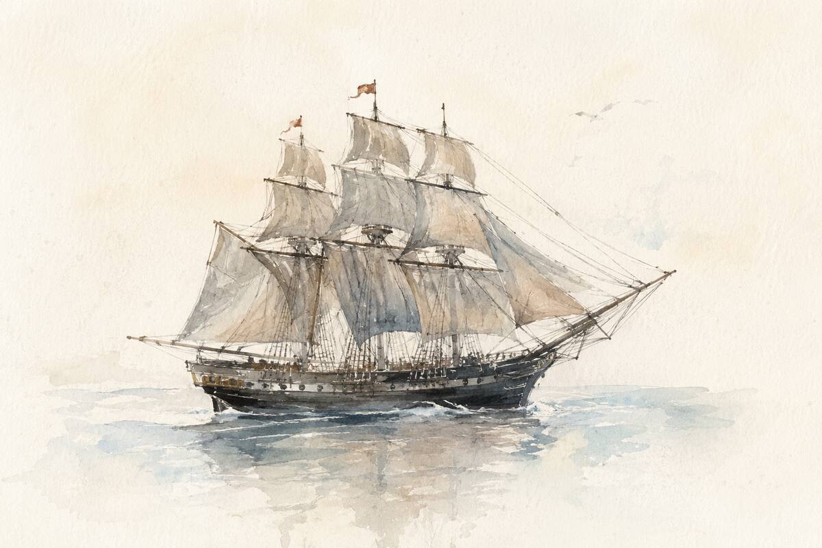 Ilustración de una nave a vela en alta mar
